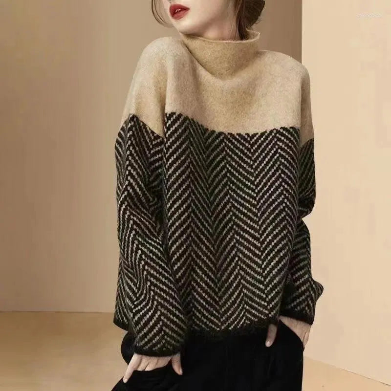 Classic Women's Turtleneck Sweater - Casual Knitted Pullover, Autumn Winter Warm Knitwear Jumper for Office Lady, Elegant Loose Fit