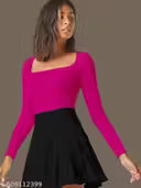 Trendy Coffee Square Neck Top for Women | Stretchable Polyester Blend | Full Sleeve Stylish Slim Fit | Casual & Party Wear