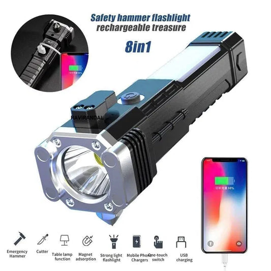 8 in 1 Portable Rechargeable Torch LED Flashlight- JN KART