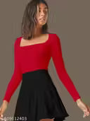 Trendy Coffee Square Neck Top for Women | Stretchable Polyester Blend | Full Sleeve Stylish Slim Fit | Casual & Party Wear